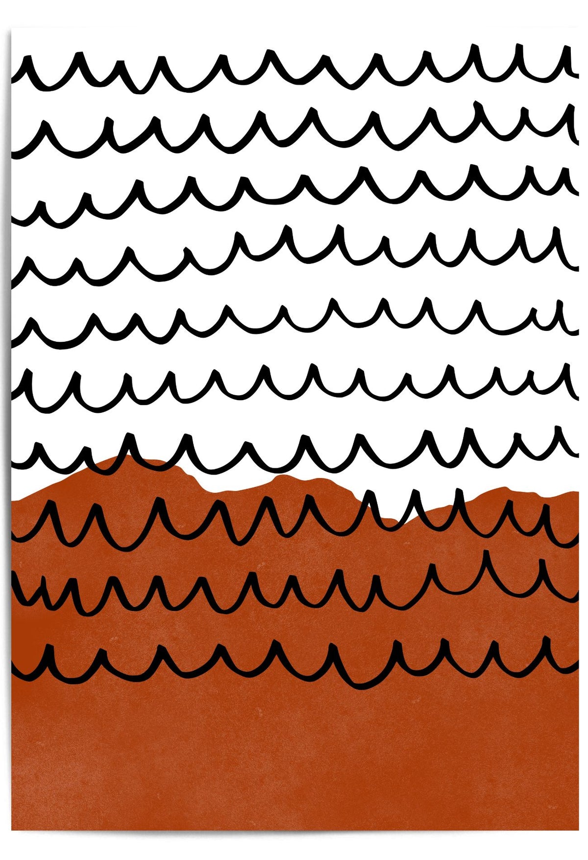 Burnt orange abstract wall art with black hand drawn waves