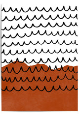 Burnt orange abstract wall art with black hand drawn waves