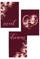 Set of 3 burgundy bedroom wall art prints featuring Sweet Dreams lettering and floral heart design