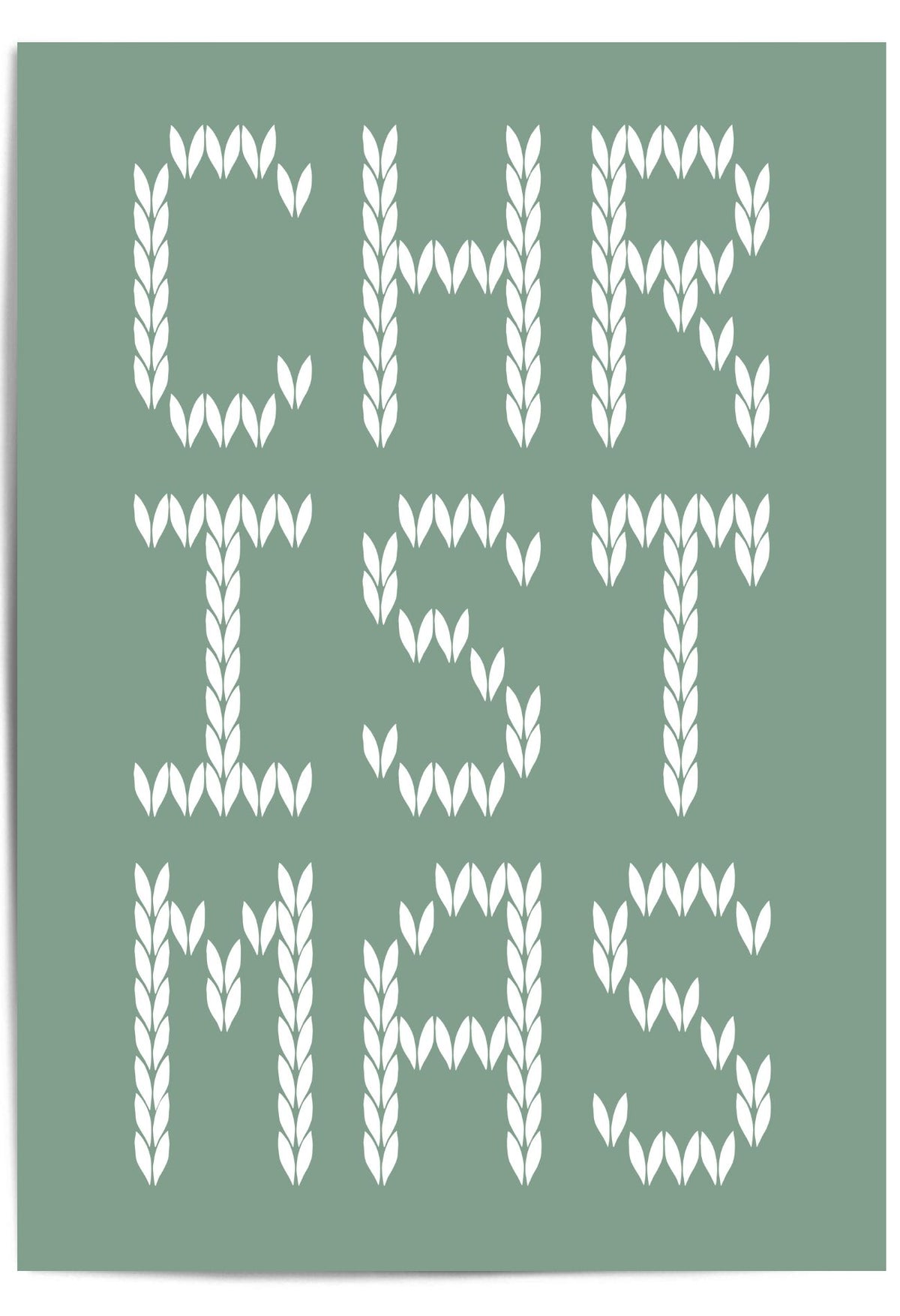 Text 'CHRISTMAS' in white knitted font on a green background