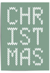 Text 'CHRISTMAS' in white knitted font on a green background