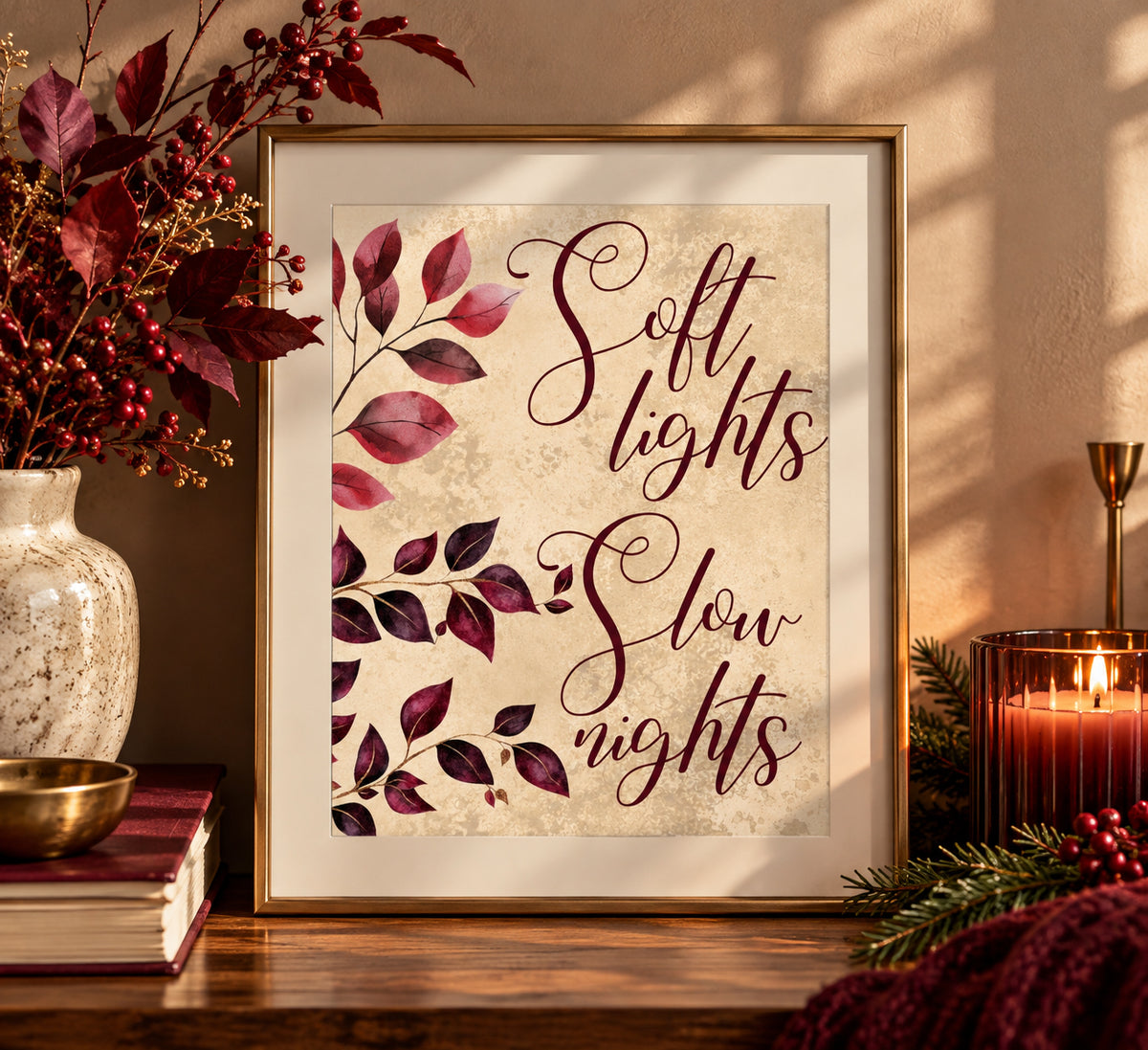 Burgundy Soft Lights Slow Nights typography print displayed in gold fram