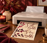 Burgundy botanical quote artwork emerging from home printer