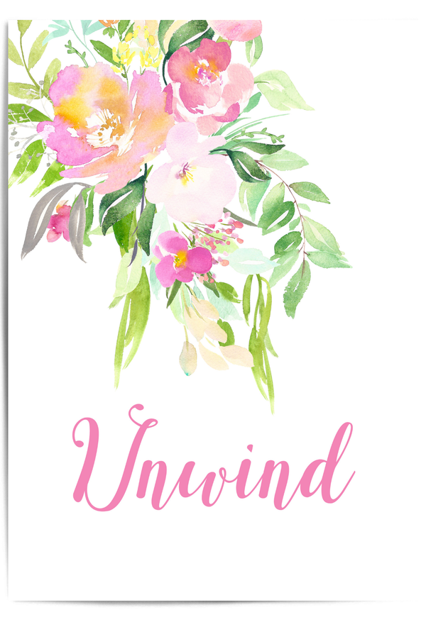 Floral design with 'Unwind' text on a white background