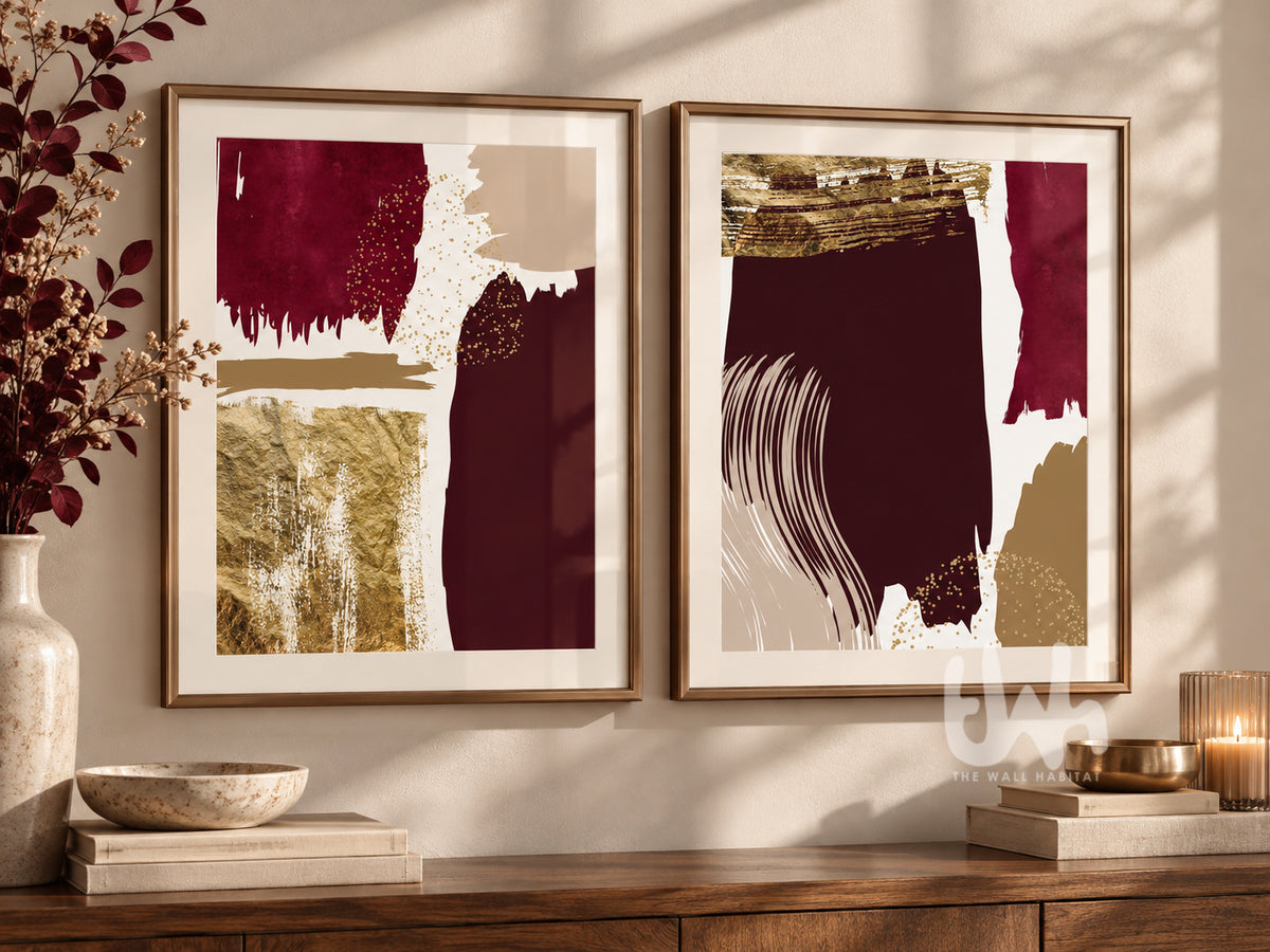 Burgundy and gold abstract wall art set of 2 displayed in matching gold frames