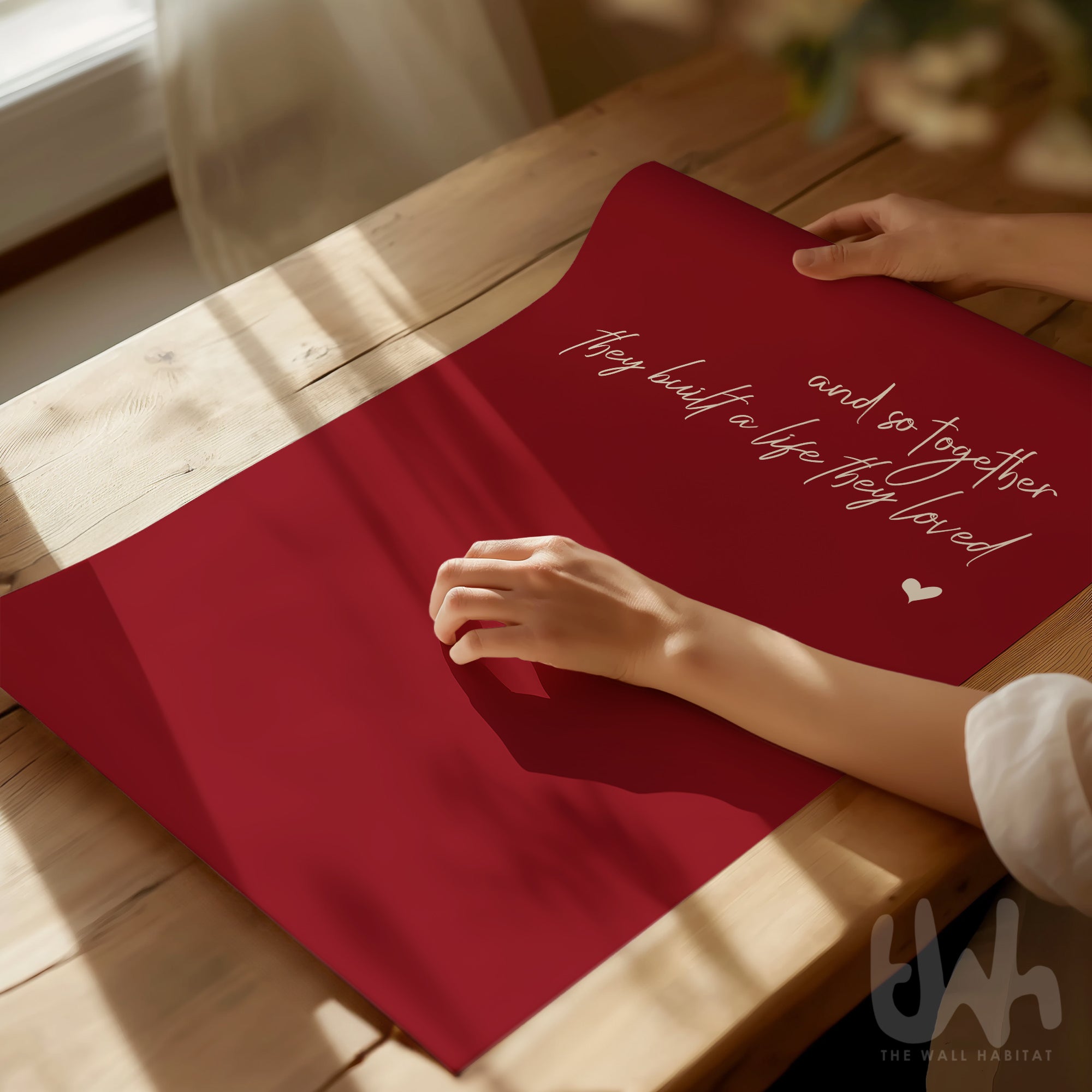 And So Together They Built a Life They Loved romantic wall art with white script on deep red background