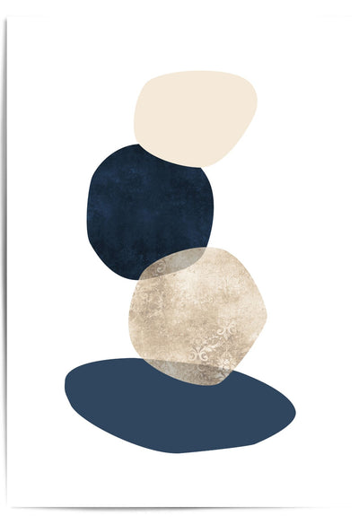 Abstract art print with geometric shapes in navy, beige, and white on a white background