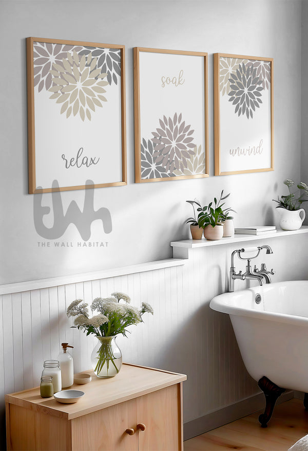 Spa inspired bathroom decor with relax soak unwind wall art