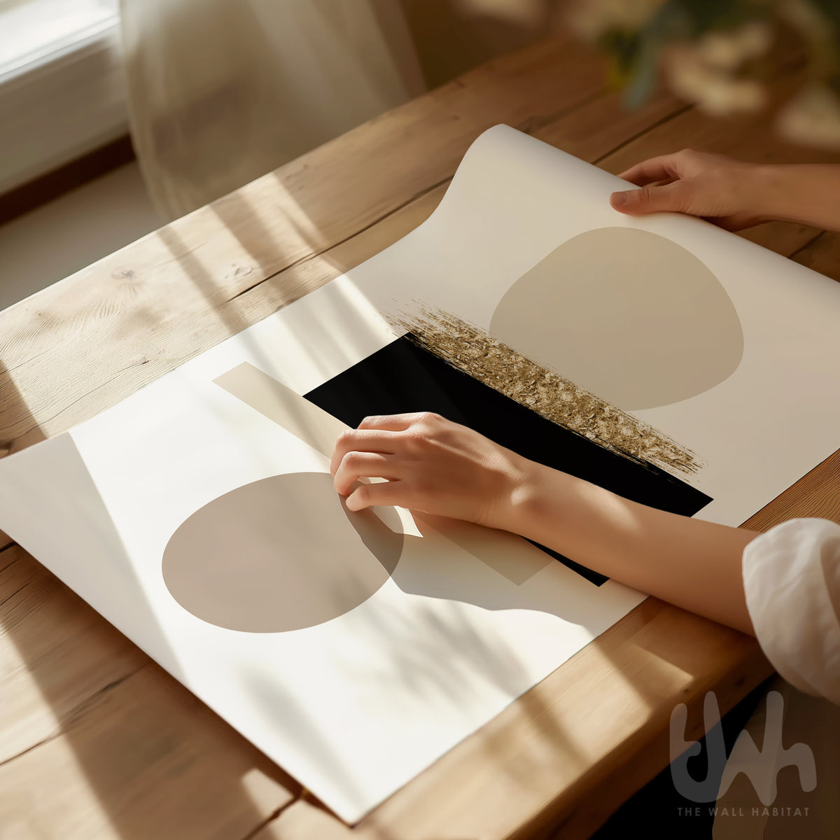 Modern beige geometric wall art with taupe circles and black shapes