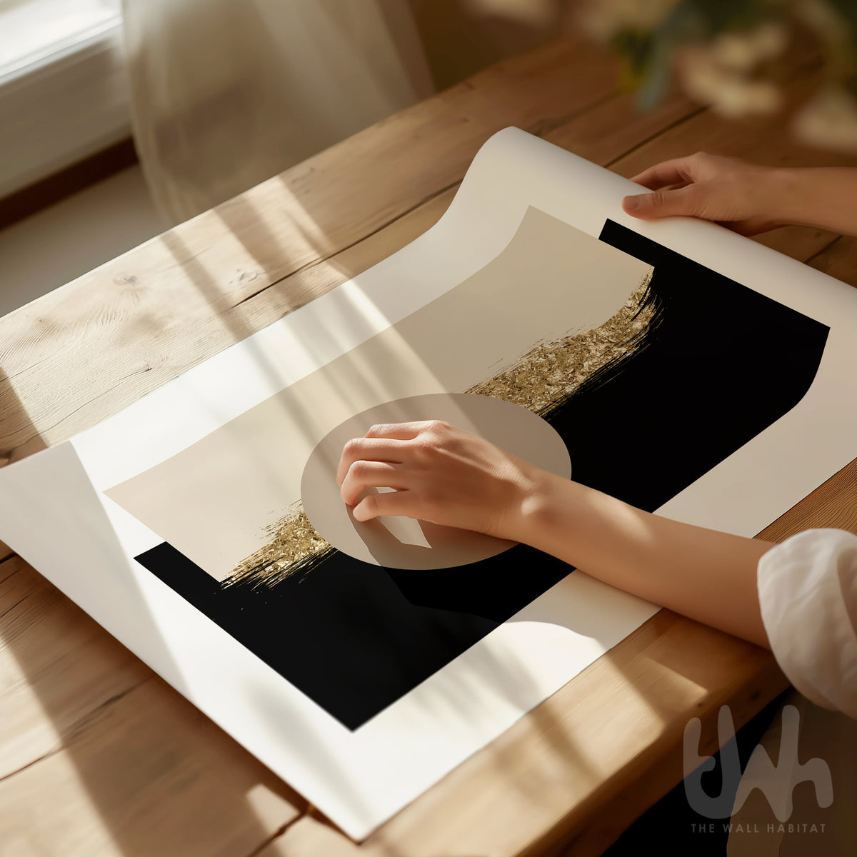 Modern beige black and gold geometric wall art for living room