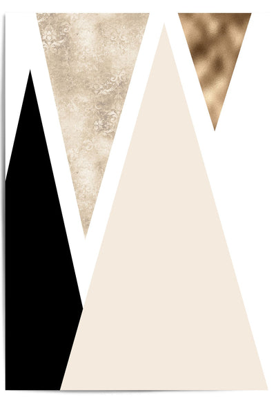 Abstract art print with geometric shapes in black, white, beige and gold on a white background