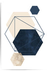 Geometric design with hexagonal shapes in navy, beige, and white on a white background