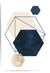 Geometric design with hexagonal shapes in navy, beige, and white on a white background