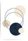 Abstract art print with geometric shapes in navy, beige, and black on a white background
