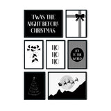 Black and white Christmas printable wall art featuring Farm Fresh Christmas Trees, Merry and Bright, Let It Snow and Peace on Earth designs
