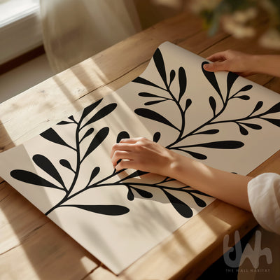 Bold Black Botanical Wall Art – Modern Minimalist Leaf Print on Beige Background