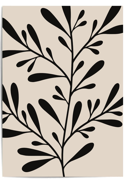 Modern botanical wall art print with bold black leaf silhouettes over a beige background, shown unframed and styled on a wooden desk in natural light