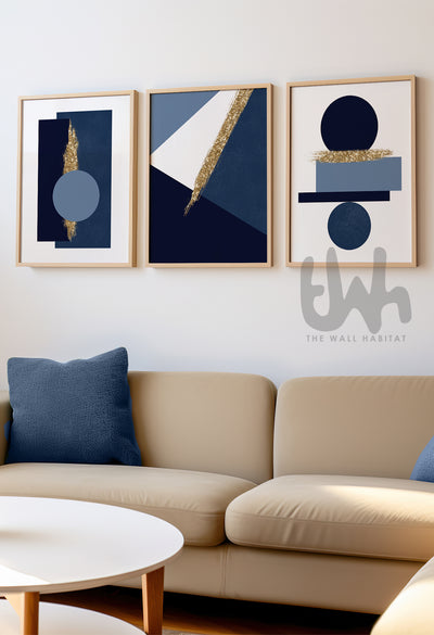 3pc navy blue and gold geometric art