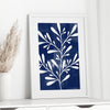 navy blue print for bedroom with botanical leaves