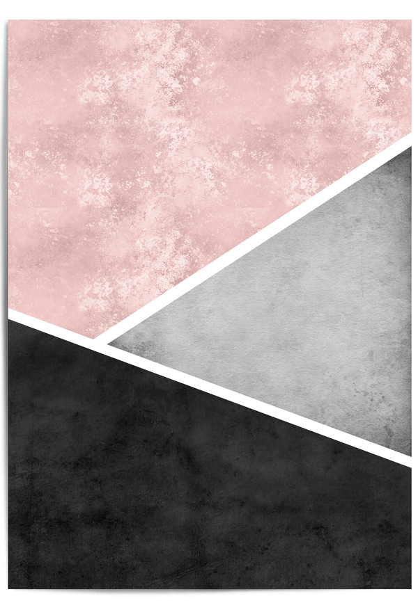 Blush pink, grey and charcoal abstract geometric wall art print featuring diagonal colour blocking and textured finish.