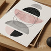 Blush pink, grey and charcoal abstract geometric wall art featuring layered circular shapes and modern minimalist design.