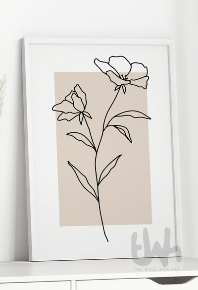Minimalist botanical line art print featuring two abstract flowers drawn in black continuous line style over a neutral beige background, framed and styled for modern interior decor