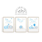 Three framed nursery art prints with blue and gray elephant illustrations and phrases 'First we had EACH OTHER', 'Then we had YOU', and 'Now we have EVERYTHING', shown on a white background with the brand logo 'With Me As I Grow Kids Crafts & Printables' above them.