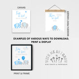 A promotional graphic showing canvas print examples in different display formats: a plain canvas print, a wooden hanger print, and a framed print. The artwork features blue and gray cartoon elephants with text such as 'First we had each other' and 'Now we have everything.