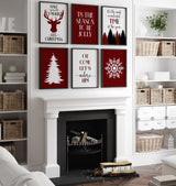 Farmhouse Christmas gallery wall set of six displayed above a white fireplace