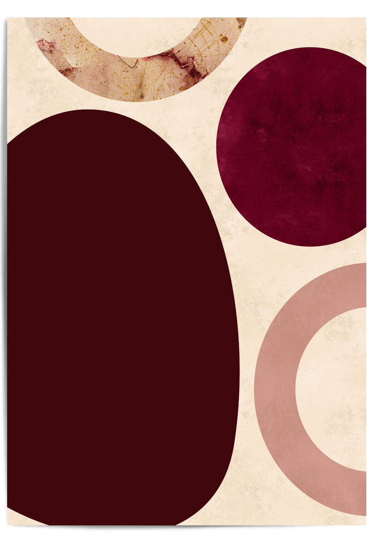 Burgundy geometric abstract wall art with blush pink and beige organic shapes