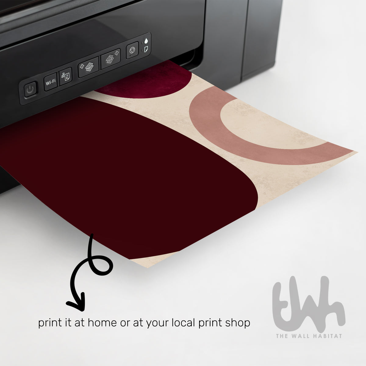 Burgundy geometric digital wall art emerging from a home printer