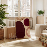 Burgundy abstract printable wall art displayed in a bright neutral living room