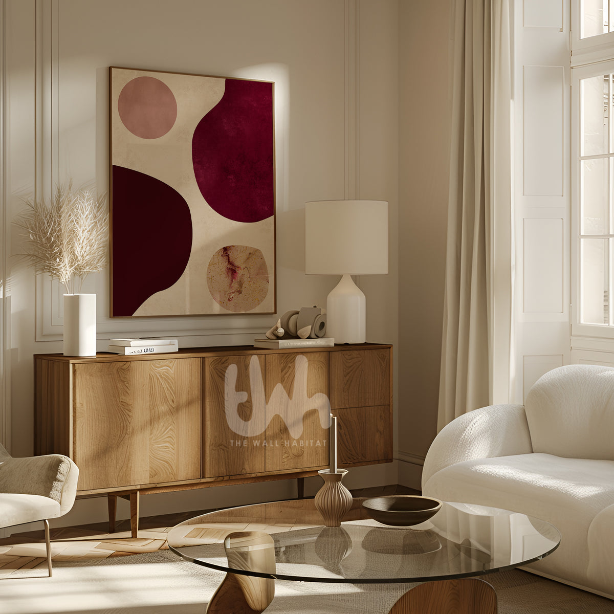 Burgundy abstract wall art displayed above a walnut sideboard in a neutral living room