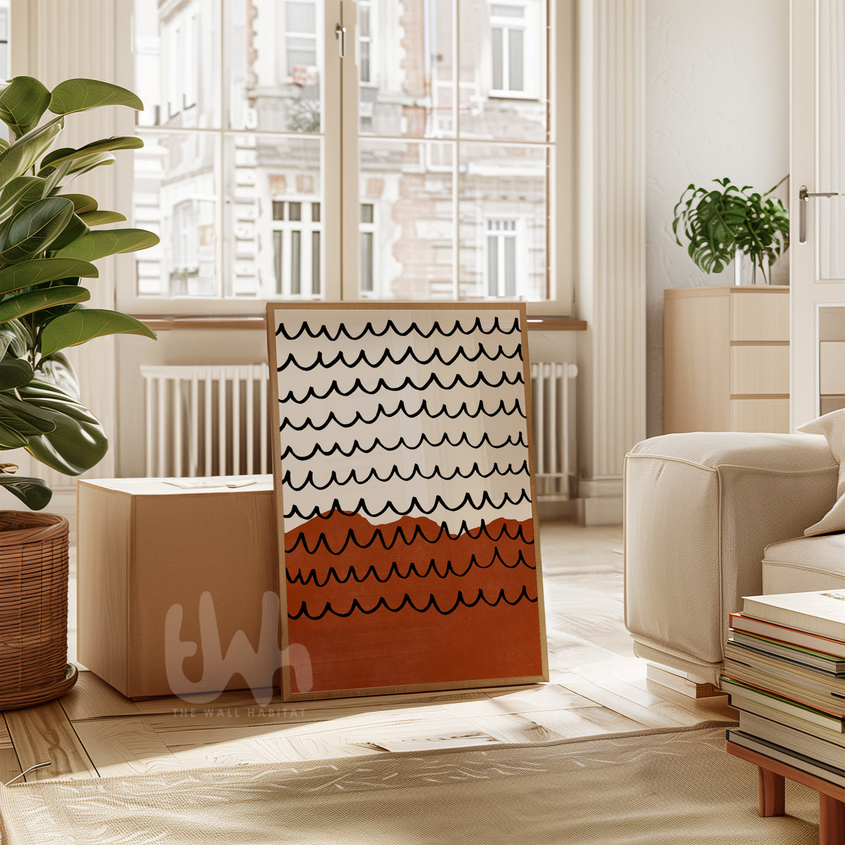 Modern orange wave wall art with black line pattern