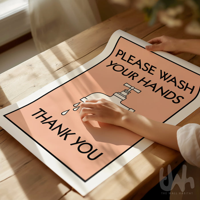 Warm orange bathroom decor with minimalist typography