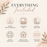 An informational graphic titled 'EVERYTHING Included' on a warm beige background with leaf illustrations in the corners. It lists six included features with simple line icons: instant digital download, 1 individual print, multiple print sizes, printer icon with '300 DPI RESOLUTION,' home icon with 'PRINT AT HOME OR PROFESSIONALLY,' and infinity symbol with 'PRINT AGAIN ANYTIME.