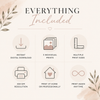 An informational graphic with the heading 'EVERYTHING Included' on a light cream background, surrounded by soft blush watercolor accents and leaf illustrations. Six icon-based feature callouts are arranged in a grid: instant digital download, 3 individual prints, multiple print sizes, 300 DPI resolution, print at home or professionally, and print again anytime.