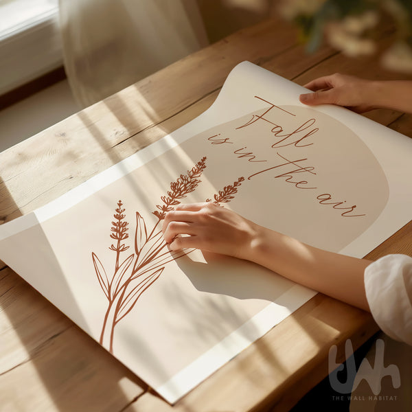 Fall Is In The Air Wall Art – Minimalist Autumn Quote Print with Botanical Line Illustration
