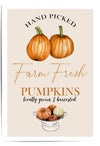 Poster with pumpkins and text 'Hand Picked Farm Fresh Pumpkins locally grown & harvested' on a beige background.