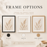 three framed prints with different frame finishes: a black frame labeled BLACK, a white frame labeled WHITE, and an oak-effect wood frame labeled OAK EFFECT. Large text at the top reads 'FRAME OPTIONS' and smaller text says 'CHOOSE THE PERFECT FINISH TO COMPLEMENT YOUR SPACE.