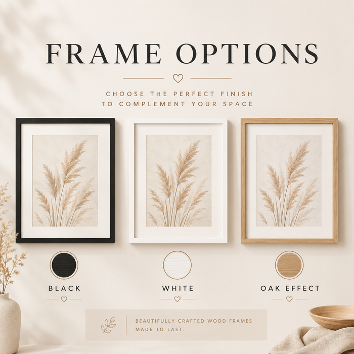 three framed prints with different frame finishes: a black frame labeled BLACK, a white frame labeled WHITE, and an oak-effect wood frame labeled OAK EFFECT. Large text at the top reads 'FRAME OPTIONS' and smaller text says 'CHOOSE THE PERFECT FINISH TO COMPLEMENT YOUR SPACE.