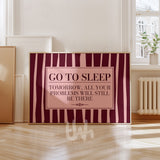 Burgundy striped bedroom wall art with humorous sleep quote