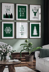 Set of six green and black buffalo check Christmas prints displayed in a farmhouse living room gallery wall