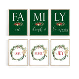Six green Christmas printable wall art designs displayed in gold frames with festive botanical wreaths.