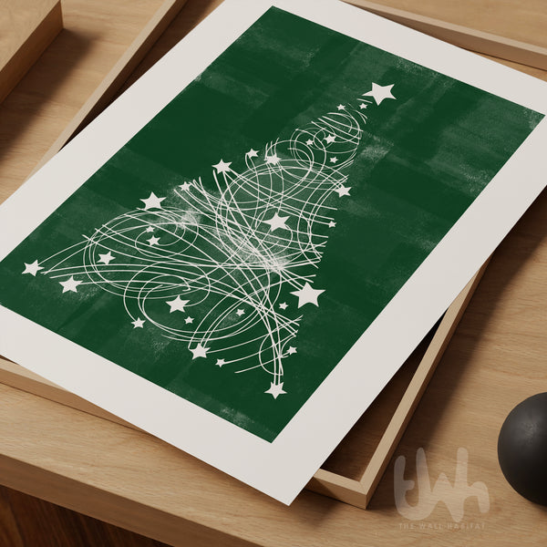 Green Christmas Wall Art Set – Modern Festive Prints – Merry Christmas, Ho Ho Ho & Christmas Tree Trio – Holiday Home Decor