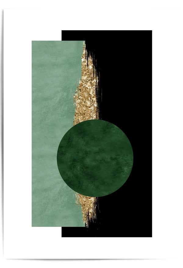 Abstract art piece with green circle, gold accents, and black background