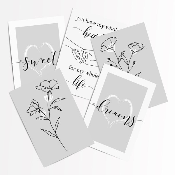 Set of 5 Grey Bedroom Wall Art Prints | Romantic Botanical Printable Set | Digital Download