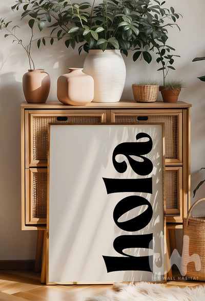 Decorative wall art with 'hola' text in a frame, placed on a wooden cabinet with plants.