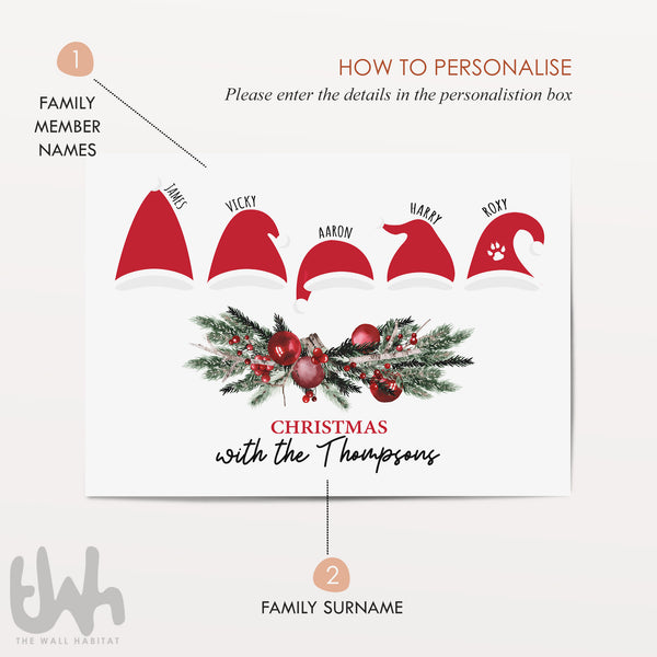 Personalised Family Christmas Hat Print – Custom Family Names Christmas Wall Art, Festive Holiday Decor