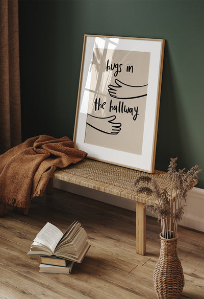 Hugs in the Hallway' featuring illustrated arms reaching out on a soft beige background, perfect for family home décor